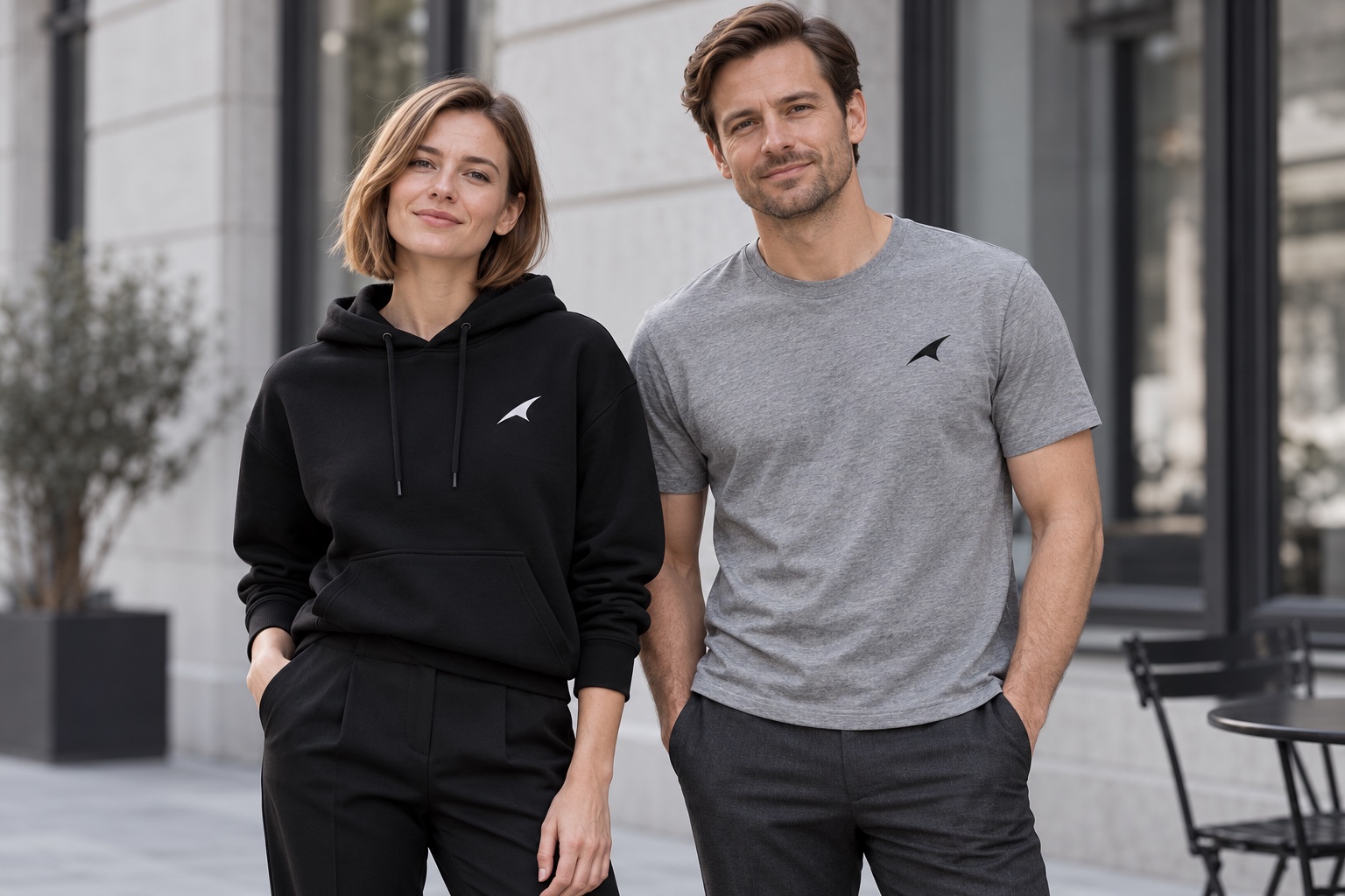 Modele w czarnej bluzie i szarym T-shircie ScaleShark na eleganckim tarasie kawiarni z szarą kamienną fasadą